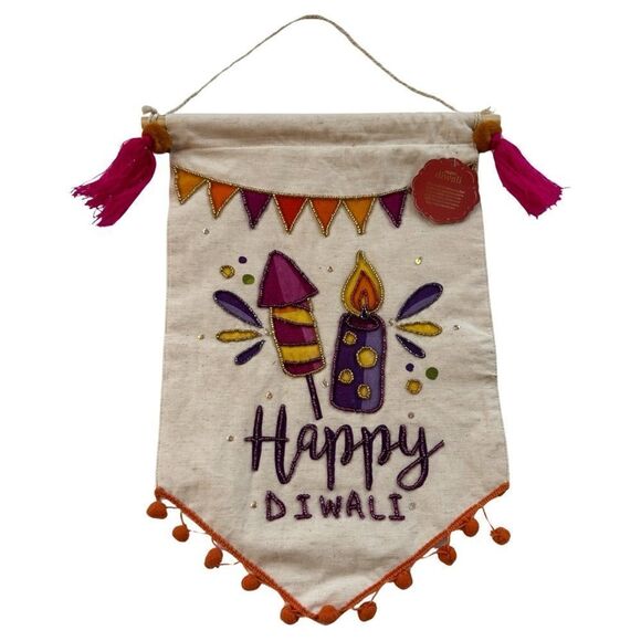 Happy Diwali Colorful Sequin Beaded Tassel Orange Pom Fringed Cotton Banner NWT - Picture 1 of 6